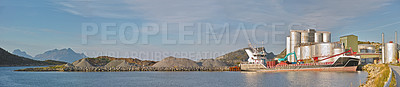 Buy stock photo Industrial, landscape and ship on the ocean for transportation, factory and manufacturing. Panoramic view, boat or yacht for production with industry and natural background with nautical vessel 