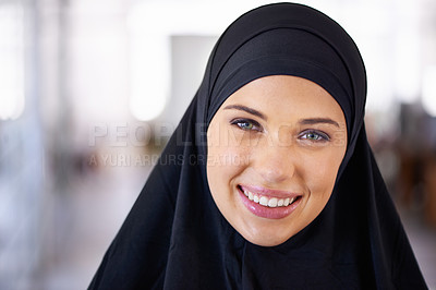 Buy stock photo Portrait of a muslim woman wearing a hijab