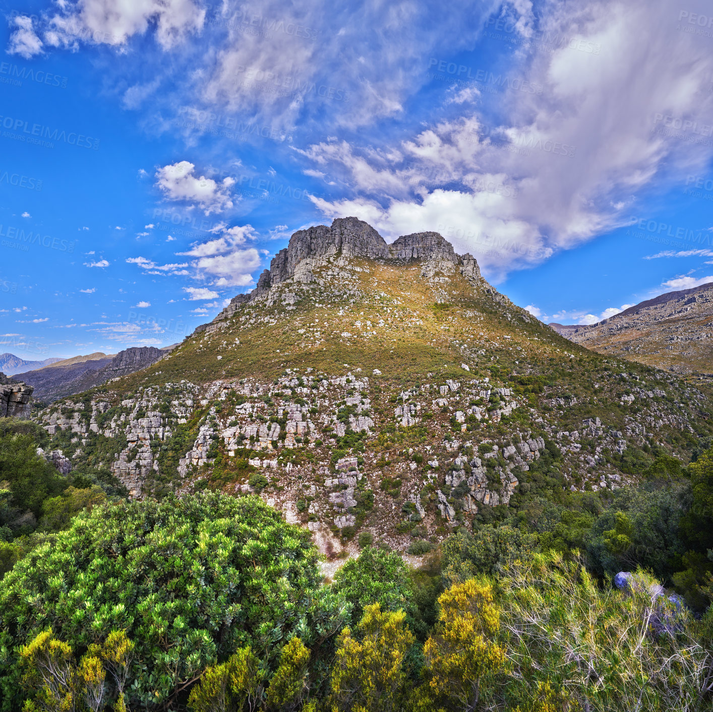 Buy stock photo Mountains, summer and blue sky with nature, clouds or stone with landscape or plants with sunshine. Empty, outdoor or grass with flowers or countryside with adventure or travel with vacation or earth