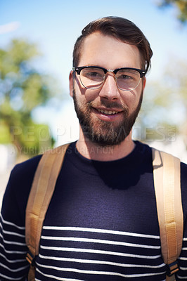 Buy stock photo Man, portrait and university student in outdoors, smile and morning commute to college. Happy male person, backpack and campus for learning or education, knowledge and ready for course and confident