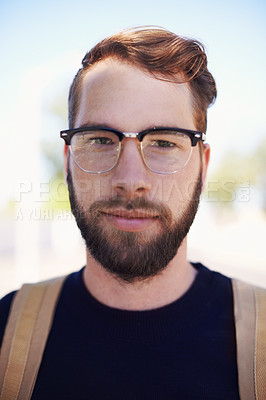 Buy stock photo Man, portrait and university student in outdoors, travel and morning commute to college. Male person, backpack and campus for learning or education, knowledge and ready for course and confident