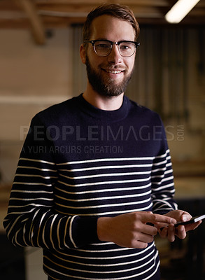 Buy stock photo Man, portrait and glasses with phone for communication, social media or networking at home. Happy geek, confident and handsome male person with smile on mobile smartphone for online chatting or app