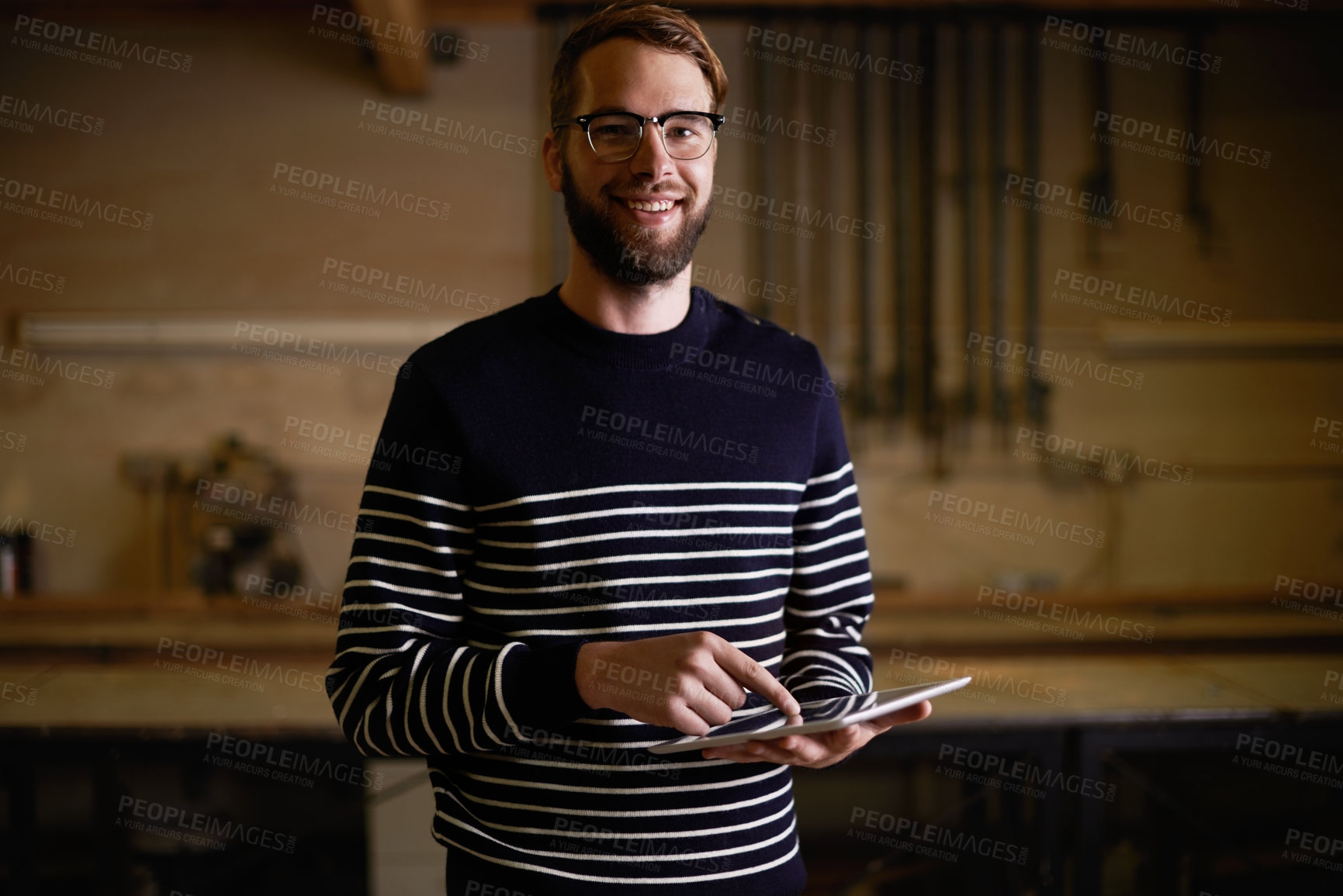 Buy stock photo Happy man, portrait and glasses with tablet for communication, social media or research at home. Geek, nerd or handsome male person with smile on technology for online search or networking at house