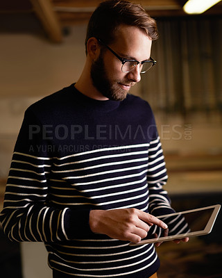 Buy stock photo Creative man, tablet and research with mockup screen for communication, networking or data at home. Nerd, geek or male person with technology display for online search, app or startup at the house