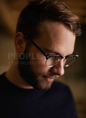 Buy stock photo Man, glasses and face with thinking for eyewear, contemplate or observe for idea and geek. Young male person and handsome for thoughtful, looking or concentrate for serious and alone for ponder