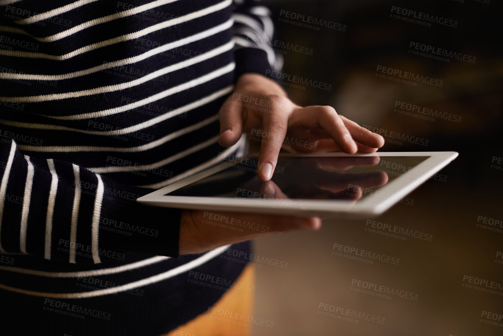 Buy stock photo Person, hands and tablet with mockup for research, communication or networking at home. Closeup of creative employee working on technology or screen display for online search, app or startup at house