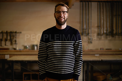Buy stock photo Man, portrait and confident in home on weekend, smile and pride for comfort or enjoyment in kitchen. Male person, glasses and happy with eyewear for wellness, satisfaction and face in apartment