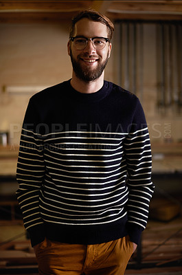 Buy stock photo Man, portrait and glasses with fashion in casual clothing of nerd, hipster or style at home. Happy geek, confident and handsome male person with smile, positive attitude and stylish outfit at house