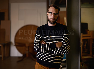 Buy stock photo Man, portrait and confident in lounge to relax, attitude and pride for comfort or weekend in living room. Male person, glasses and home with eyewear for wellness, arms crossed and face in apartment