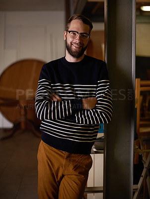 Buy stock photo Man, portrait and happy in home at night, smile and pride for comfort or enjoyment in living room. Male person, glasses and relax with eyewear for wellness, satisfaction and weekend in apartment
