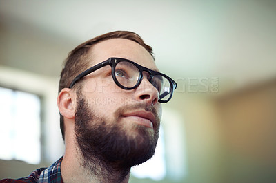 Buy stock photo Thinking, man with glasses and vision, inspiration for ideas and reflection with choice or decision for future. Insight, wisdom and thoughtful with mindfulness, brainstorming and problem solving