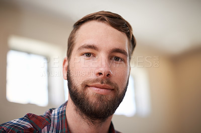Buy stock photo Man, smile and face for selfie, happy and relax at home or indoor on weekend and alone. Young person, attractive or handsome for unwind, rest or chill in apartment or loft inside  South Africa 