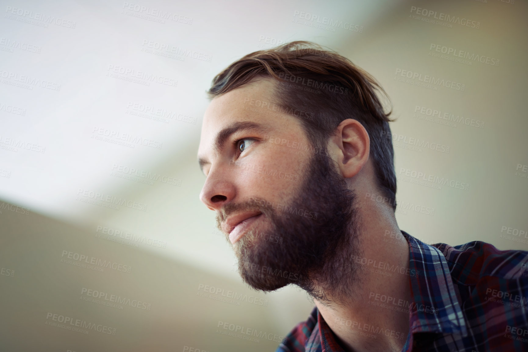 Buy stock photo Thinking, reflection and man with inspiration for future, wonder or pensive about choice or decision for ideas. Insight, wisdom and thoughtful with mindfulness, brainstorming and problem solving