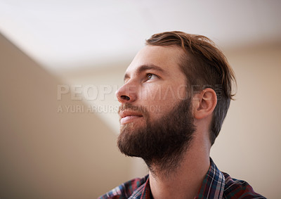 Buy stock photo Thinking, reflection and man with inspiration for ideas, wonder or pensive about choice or decision for future. Insight, wisdom and thoughtful with mindfulness, brainstorming and problem solving