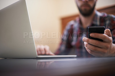Buy stock photo Laptop, search and hand of man and phone for communication, social media and contact. Text message, internet and technology with male person and typing on mobile for connection, online and app