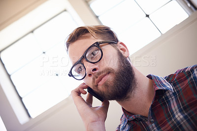Buy stock photo Man, phone call and freelancer for discussion or networking, home and remote work for consulting. Male person, planning and contact for communication, speaking and online or talk app for conversation