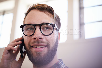 Buy stock photo Happy man, face and phone call with glasses in discussion, communication or networking at home. Closeup of male person or freelancer with smile or mobile smartphone for friendly conversation at house