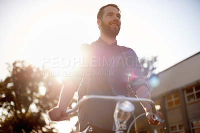 Buy stock photo Travel, happy and man with bicycle walking in road with lens flare for exercise, commute and cycling. Transport, morning and male cyclist for eco friendly traveling, carbon neutral bike and journey