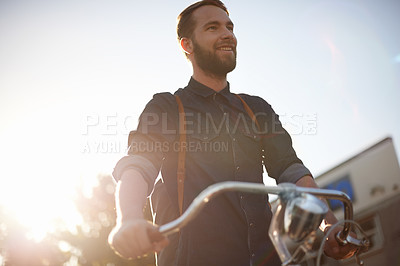 Buy stock photo Travel, bicycle and happy man in road with lens flare for exercise, commute and cycling in morning. Transport, city and male cyclist on bike for eco friendly, carbon footprint traveling and journey