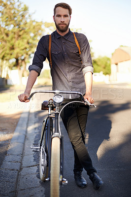 Buy stock photo Bicycle, transport and portrait of man travel with lens flare for exercise, commute and cycling in morning. Energy, city and male cyclist on bike for eco friendly, carbon neutral traveling or journey