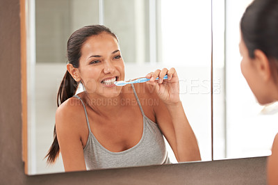 Buy stock photo Mirror, bathroom and woman with toothbrush for cleaning, oral hygiene and dental care in home. Toothpaste, healthcare and reflection of person brushing teeth for whitening, wellness and grooming