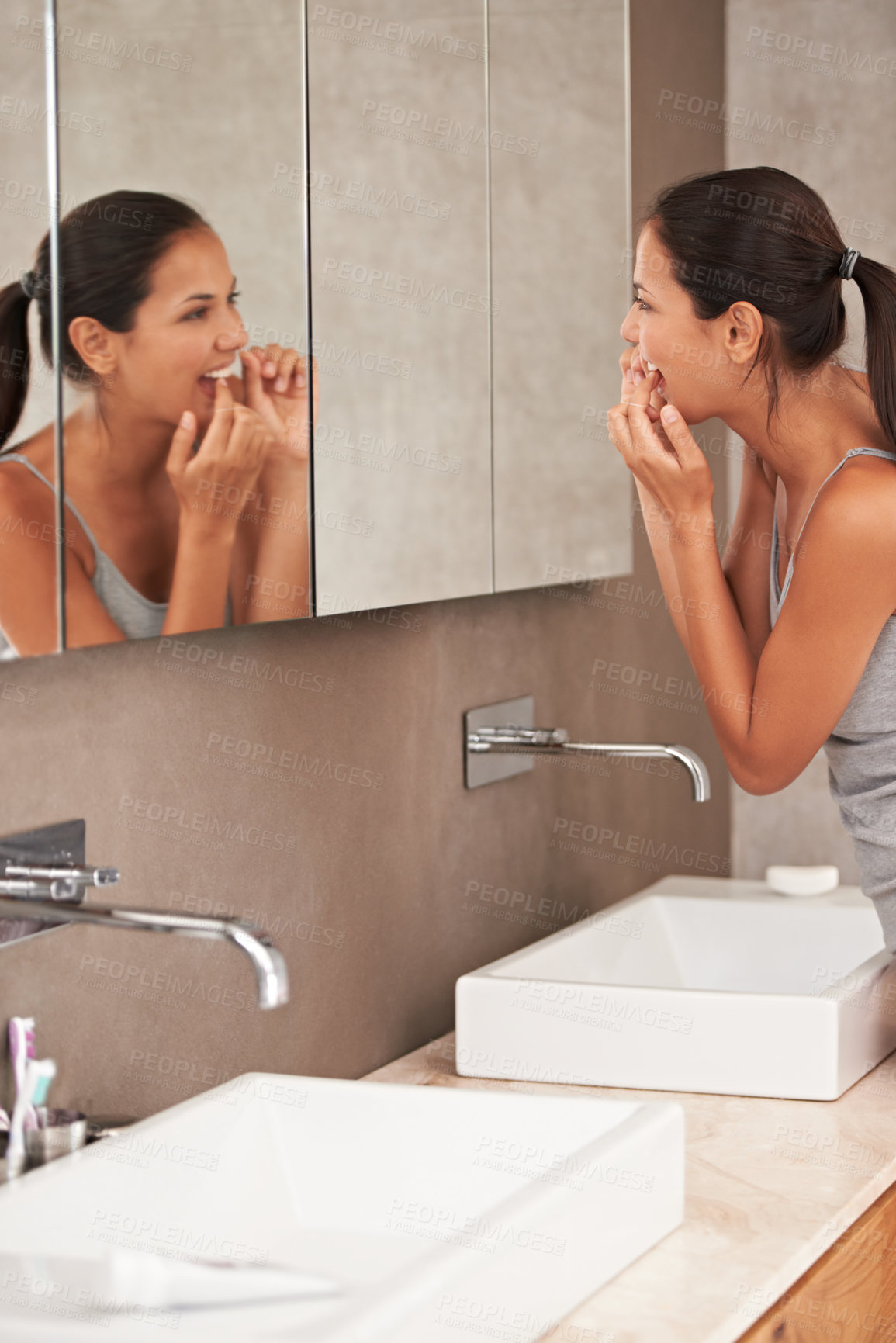 Buy stock photo Mirror, bathroom and woman with floss for cleaning, oral hygiene and dental care in home. Morning routine, healthcare and person for whitening, wellness and grooming for gum disease and fresh breath