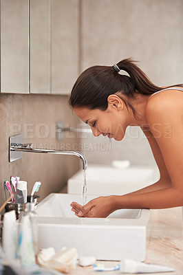 Buy stock photo Bathroom, washing face and woman with splash for skincare, beauty and wellness in morning routine. Health, dermatology and happy person with tap water for cleaning, hygiene and grooming at home