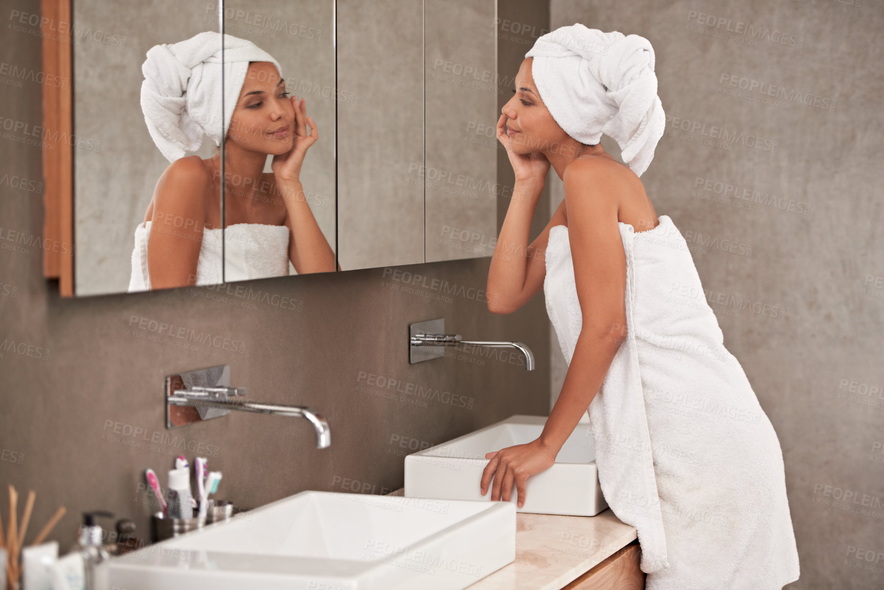 Buy stock photo Bathroom, shower and woman in mirror for skincare, beauty and wellness in morning routine. Health, dermatology and person in reflection for facial treatment or cleaning, hygiene and grooming at home