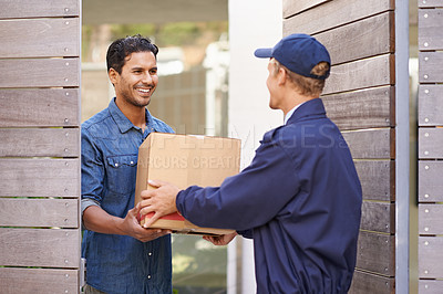 Buy stock photo Man, courier and home for giving package, ecommerce or delivery with smile, customer experience or outdoor. Logistics service, shipping and guy with gratitude, happy and receiving box at house door