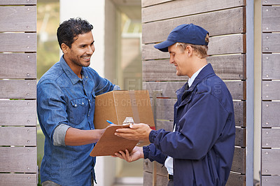 Buy stock photo Delivery, sign and man in home with courier for shipping, logistics and online shopping with box. Ecommerce, paperwork and customer with signature for package, parcel and cargo receipt for service