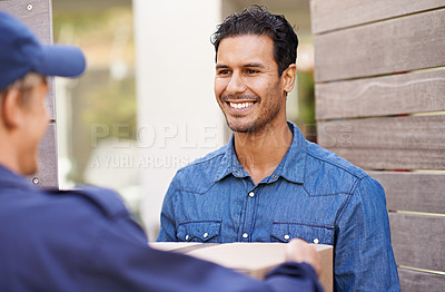 Buy stock photo Delivery, happy and man in home with courier for shipping, logistics and online shopping with box. Ecommerce, supply chain and customer smile with package, parcel and cargo  for distribution service