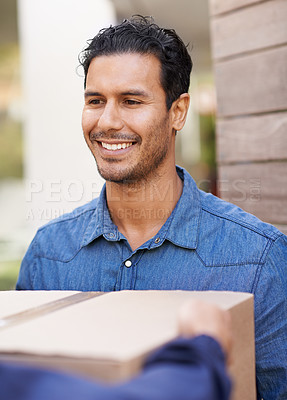 Buy stock photo Delivery, happy and man in home with box for shipping, logistics and online shopping with courier. Ecommerce, supply chain and customer with package, parcel and cargo  for distribution service