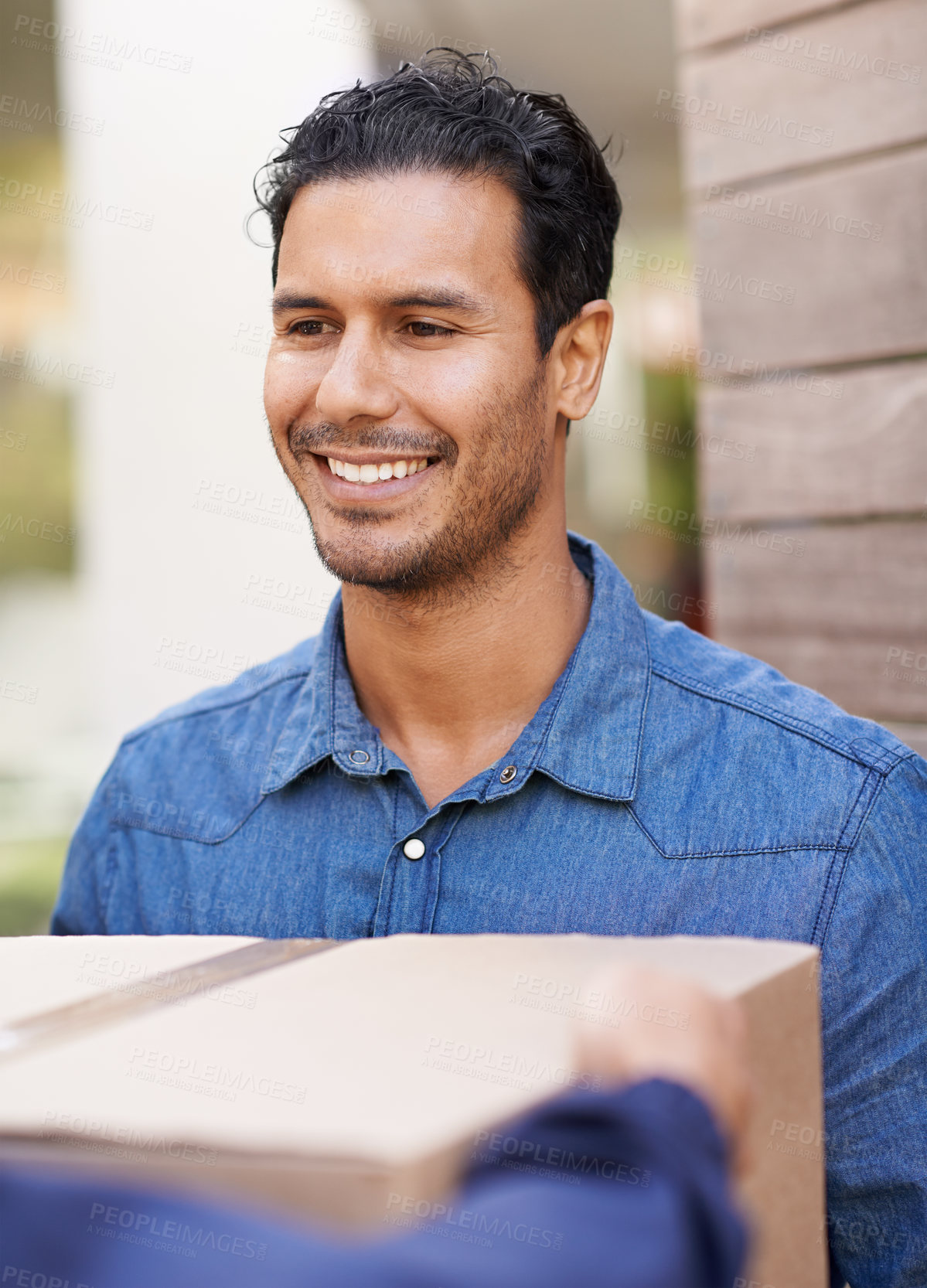 Buy stock photo Delivery, happy and man in home with box for shipping, logistics and online shopping with courier. Ecommerce, supply chain and customer with package, parcel and cargo  for distribution service