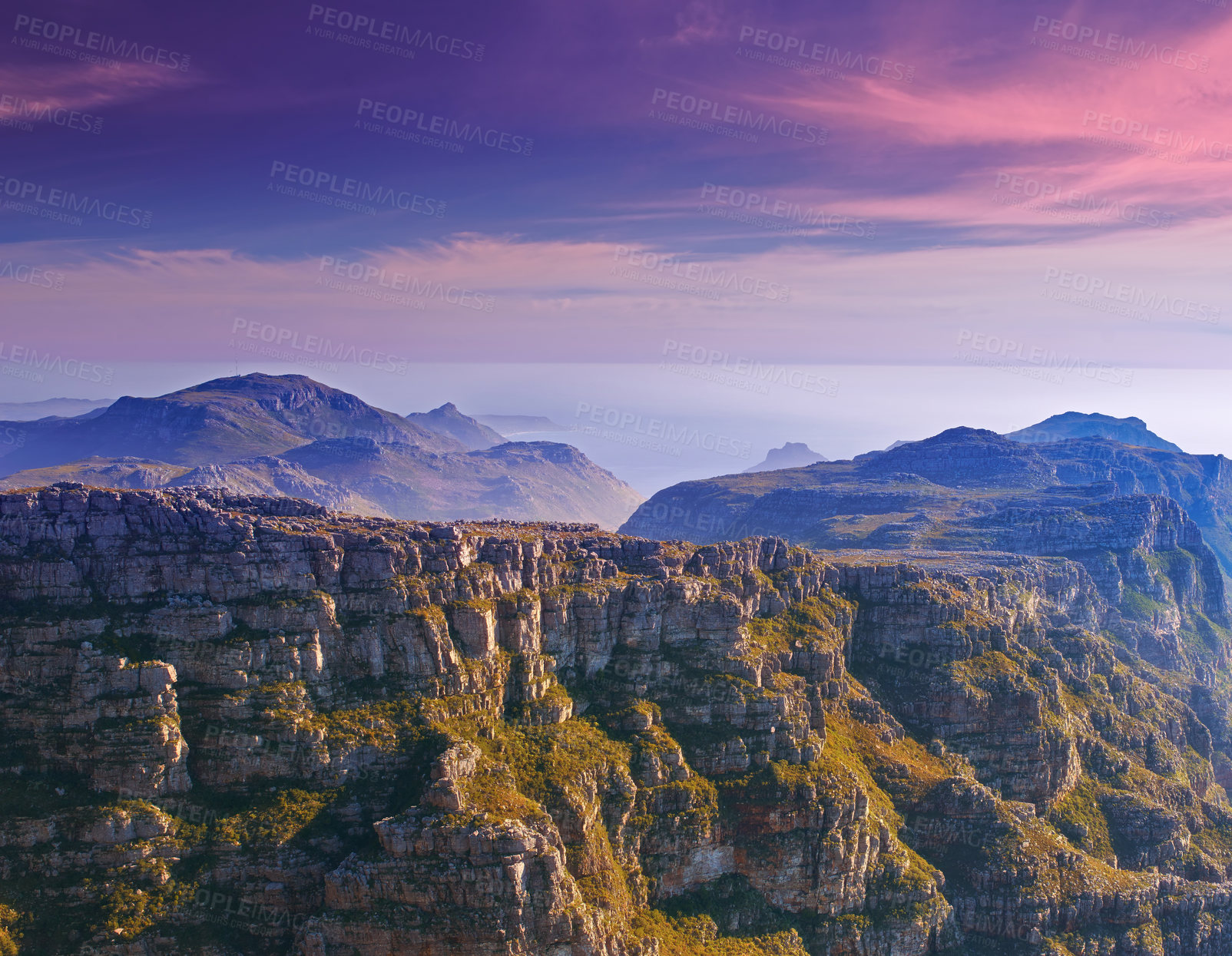 Buy stock photo Mountain, clouds and sunset sky with color on horizon, natural landscape and cliff at travel location. Nature, hill and sustainable environment with earth, peace and destination at tropical island