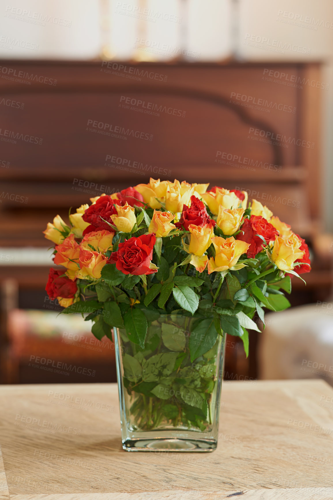 Buy stock photo Fresh colourful roses with a piano in the background and  copyspace. A romantic gesture, proposal, valentines day, birthday celebration or an apology, perfect setting for a date night with copy space
