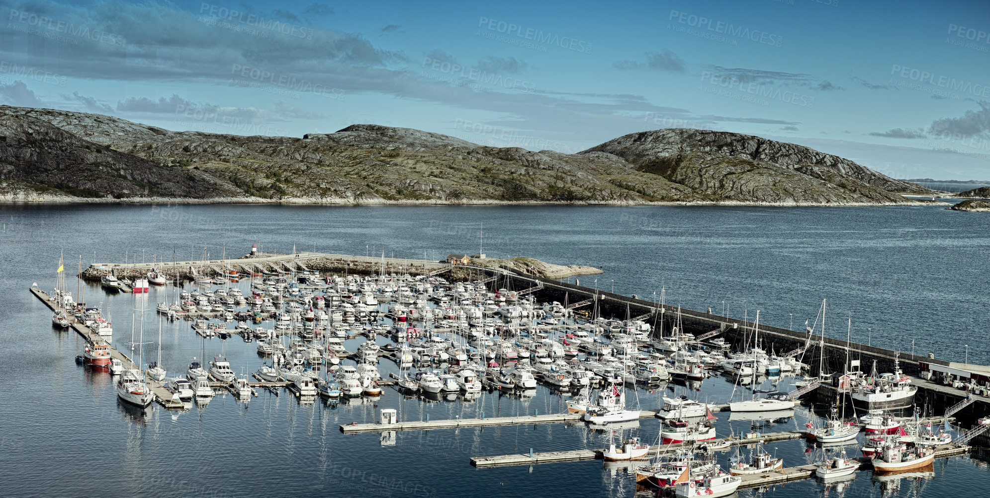 Buy stock photo Harbor, ship and port in outdoors, travel and yacht on holiday or vacation or location. Marina, seaside and boat on water for peace or calm at dockyard, cruise transport and ocean or sea on island