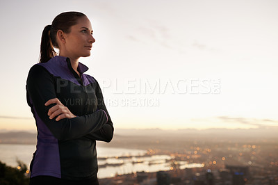 Buy stock photo Woman, thinking and fitness with sunset on mountain in city for workout or outdoor exercise in nature. Young female person or athlete with arms crossed in wonder or confidence for training on mockup