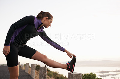 Buy stock photo Nature, stretching and woman on road for fitness, workout and commitment to healthy body. Exercise, wellness and girl runner in muscle warm up for outdoor marathon training, performance and morning.