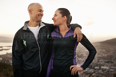 Buy stock photo Happy couple, fitness and mountain with hug for workout, exercise or outdoor training together. Young man and woman with smile, love or support for hiking, running or health and wellness in nature