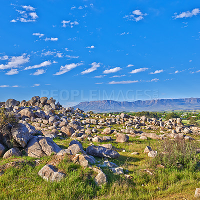 Buy stock photo Mountains, rocks and nature with blue sky for travel, hiking and eco friendly tourism or explore location in Cape Town, South Africa. Background of landscape, environment and field by the countryside