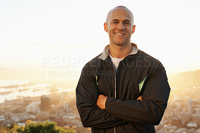 Buy stock photo Happy man, portrait and fitness professional with sunset on mountain for workout, exercise or outdoor raining. Male person or athlete with smile and arms crossed in confidence for health and wellness