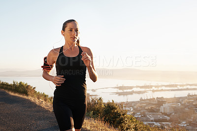 Buy stock photo Running, street and woman training, workout and fitness with freedom, view and balance outdoor. Female person, lady and athlete with a healthy lifestyle, runner and exercise with wellness and cardio
