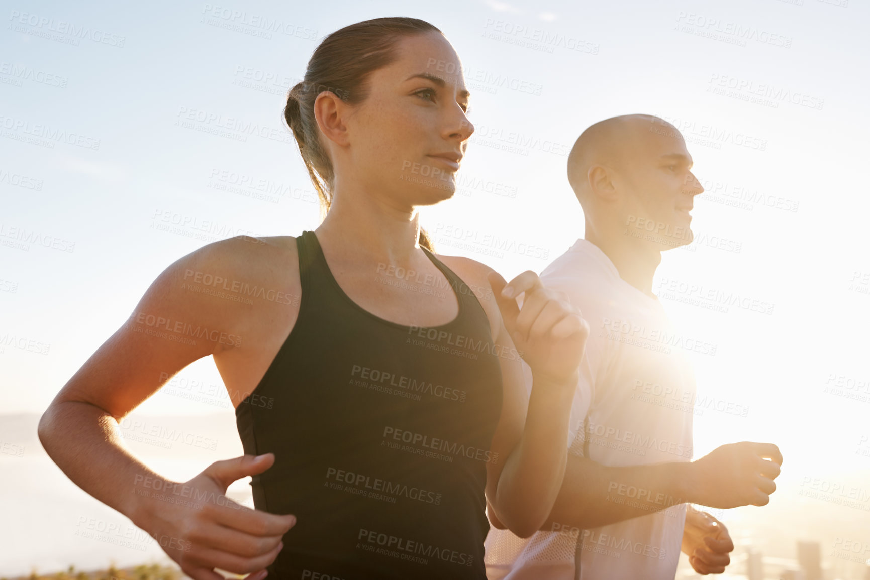 Buy stock photo Sunrise, fitness and happy couple running as exercise, performance and morning workout for heath and wellness in nature. Sport, energy and people training for a marathon or sports health together