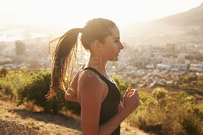 Buy stock photo Workout, running and woman on road in mountain for health, wellness and strong body development. Fitness, exercise and girl runner on path in nature for marathon training, performance and challenge.