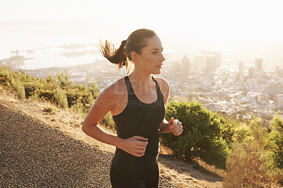 Buy stock photo Run, road and woman with fitness, exercise and training for wellness, balance and healthy lifestyle. Female person, runner and athlete outdoor, workout target and goal with sports, cardio and running