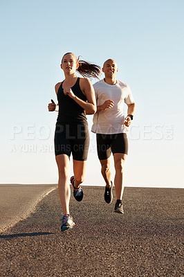 Buy stock photo Morning, marathon and coach training woman as workout, run or morning exercise for health and wellness together. Sport, fitness and man runner running with athlete in a city for sports or energy