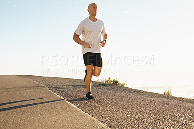 Buy stock photo Man, running outdoor and fitness in street, cardio and health in park with fresh air and training for marathon. Sports, exercise with athlete or runner with workout, wellness and endurance in city