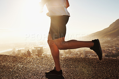 Buy stock photo Legs, shoes and running in street for fitness outdoor, cardio and health with sunshine and training for marathon. Sports, exercise with athlete person with workout, wellness and endurance in city