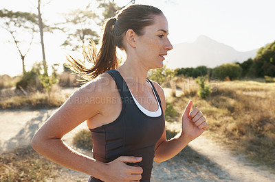 Buy stock photo Running, exercise and woman training, workout and sports with balance, wellness and cardio outdoor. Female person, runner and athlete with breathing, fitness and practice with goal, target and health