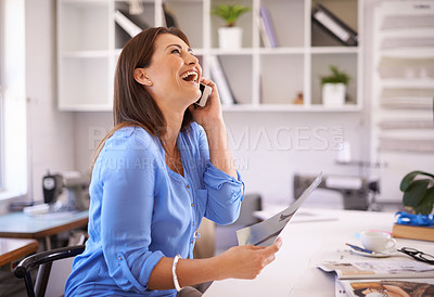 Buy stock photo Businesswoman, phone call and happiness for communication, contact and planning for success in creative career. Female person, fashion designer and seamstress with smartphone for connectivity